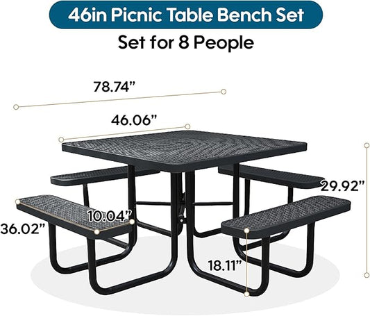 46" Square Picnic Table W/Benches,Heavy Duty Metal Picnic Table Set with 2in Umbrella Hole, 1600 lb Capacity,Commercial Dining Table Furniture for Yard Patio Lawn Party Coffee Shop
