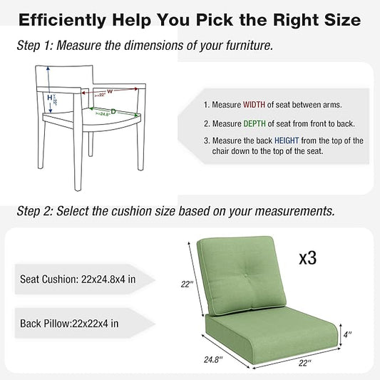 Joyside Outdoor Chair Cushions Set, 22x25/22x24 Inch Patio Furniture Deep Seat Cushions, Water Resistant & Thick Cushion, Outdoor Replacement Cushions for Seat and Sofa (Green, 3 Set)
