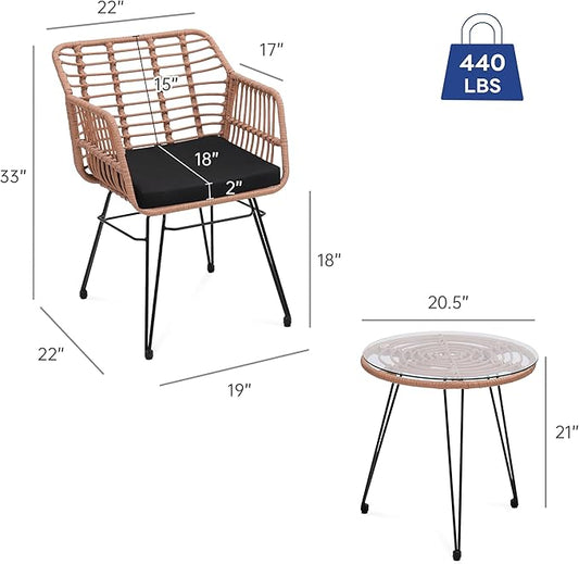 3 Piece Wicker Patio Bistro Furniture Set, Includes 2 Rattan Chairs and Glass Top Table, Ideal for Porch, Outdoor, Backyard, Apartment, Balcony, Natural