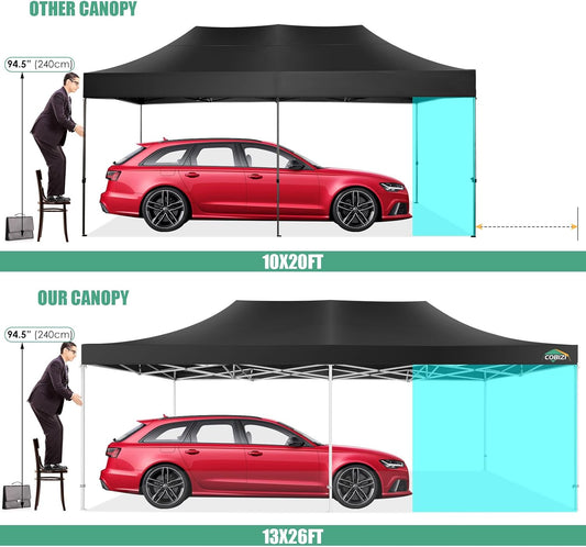 COBIZI 13x26 Pop Up Tent Heavy Duty Canopy with Removable Sidewalls Party Tent Outdoor Wedding Large Event Tent with Roller Bag for Garden Lawn Waterproof UPF 50+ Easy Up, Black (Framework Upgraded)