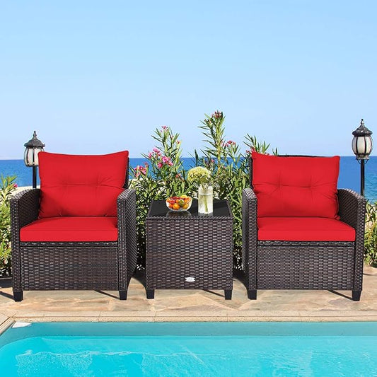 RELAX4LIFE 3 Piece Patio Furniture Set, Wicker Bistro Conversation Set w/ 2 Cushioned Armchairs & Glass Topped Table, Outdoor Rattan Sofa Set Patio Furniture for Porch Balcony Poolside (Red)