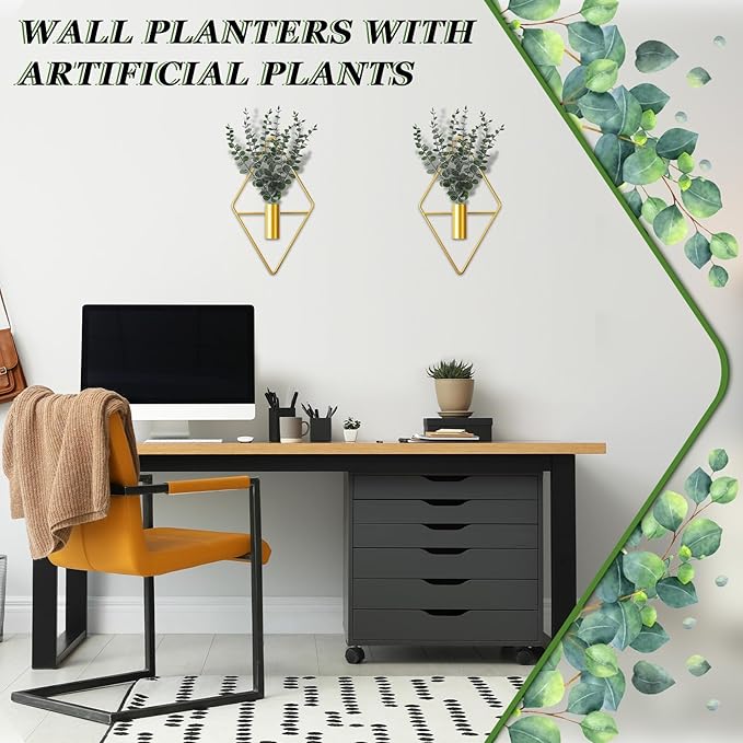Jexine Hanging Planters with Artificial Eucalyptus Metal Hanging Vase Indoor Plants Holder Modern Geometric Boho Bathroom Wall Decor for Living Room Home Office(Gold,4 Pcs)