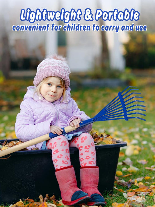 Kids Friendly Rakes for Leaves - 28" Child Size Small Rake with Durable Metal Head & Hardwood Handle, Real Lawn Garden Yard Tools for 3+ Years Kids Enjoy Helping Work Gifts (Blue)