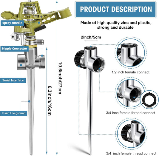 Chengu 8 Set Zinc Alloy Water Sprinklers Heads for Lawns Yard Heavy Duty Adjustable 360 Degree Watering Impact Pulsating Garden Sprinklers Multipack for Large Area Irrigation