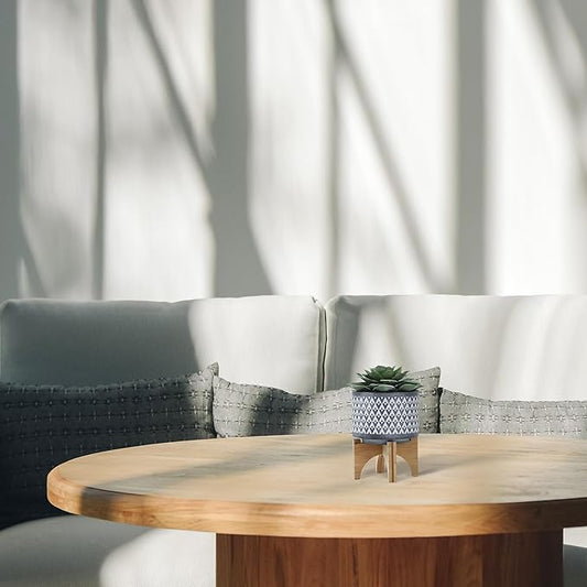 Sagebrook Home Stoneware Planter with Wooden Stand - Ceramic Indoor/Outdoor Plant Pot - Modern Geometric Design - Home & Garden Decor - 6" Gray