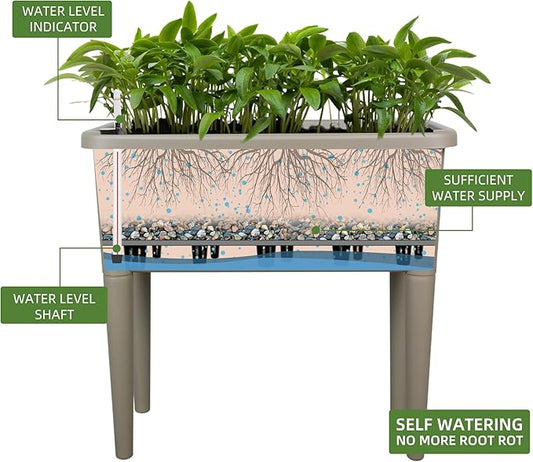 Dexceder 13.2 Gallon Self Watering Raised Garden Bed with Ventilation Transparent Lid Greenhouse, Deepen Vegetable Flower Box Planter Pot with Removeble Legs&Water Level Indicator (Light Brown)
