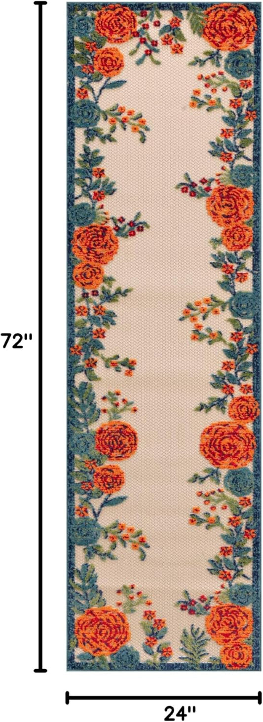 Nourison Home Aloha Indoor/Outdoor Ivory Multicolor 2' x 6' Area -rug, Easy--cleaning, Non Shedding, Bed Room, Living Room, Dining Room, Backyard, Deck, Patio (2x6)