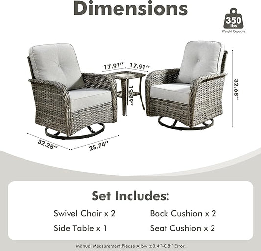 3-Piece Swivel Rocking Rattan Chair Outdoor, Patio Bistro Furniture Conversation Set, Wicker Chair with Coffee Table Grey
