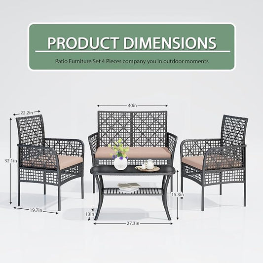 4-Piece Patio Furniture Set, Weather-Resistant Rattan Patio Conversation Set with Two-Tier Coffee Table, Upholstered Openwork Wicker Furniture for Porch, Garden, Lawn, Khaki