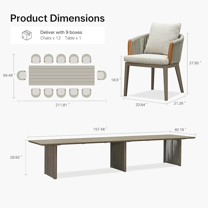 PURPLE LEAF 13 Pieces Outdoor Dining Set for 12, Aluminum Outdoor Patio Table and Chairs Set with Olefin Cushions, All-Weather Patio Dining Set for Garden or Deck, Beige