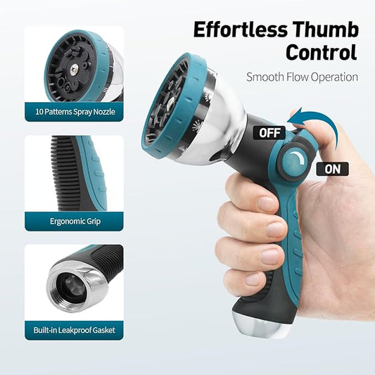 Garden Hose Nozzle, Hose Sprayer Nozzle with 10 Spray Patterns, Thumb Control On Off Valve, High Pressure Metal Water Hose Nozzle for Car Wash, Plants, Pets & Outdoor Cleaning, Blue