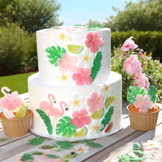 75 Pcs Edible Flowers Cupcake Toppers Cake Decorations Wafer Tropical Cake Decorations Hawaiian Birthday Decoration for Tropical Luau Summer Party