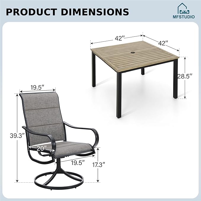 MFSTUDIO Patio Table and Chairs Set of 4, Outdoor Dining Set with Square Table and Swivel Chairs, 5 Piece Patio Dining Set for Deck/Backyard/Poolside/Garden