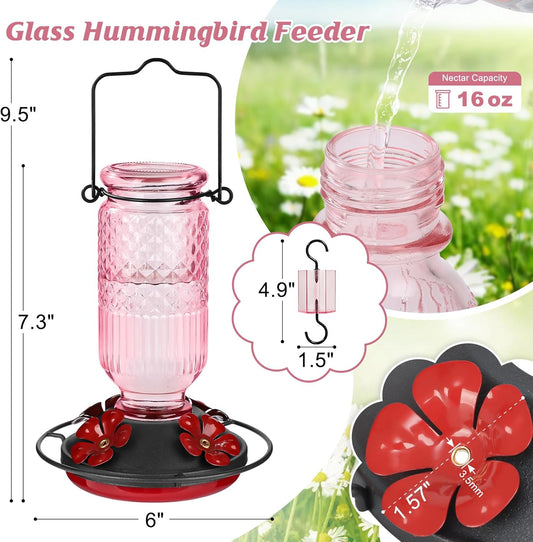 FEED GARDEN Glass Hummingbird Feeders for Outdoors, 16 OZ Pink Hummingbird Feeder with 4 Bee Guard Feeding Ports & Built-in Ant Moat, Humming Bird Feeder, Gifts for Women Mom,1 Pack
