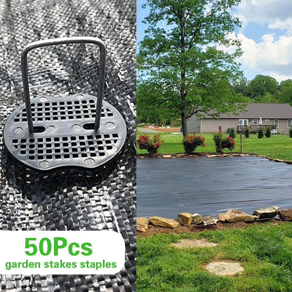 50Pcs Garden Stakes Staples + 50Pcs Gasket, Bakulyor 6 Inch Lawn Landscape Staples 11 Gauge U Shaped Galvanized Landscape Pins, Heavy Duty Yard Ground Pin for Weed Barrier Sod Fabric Decorations - 6"