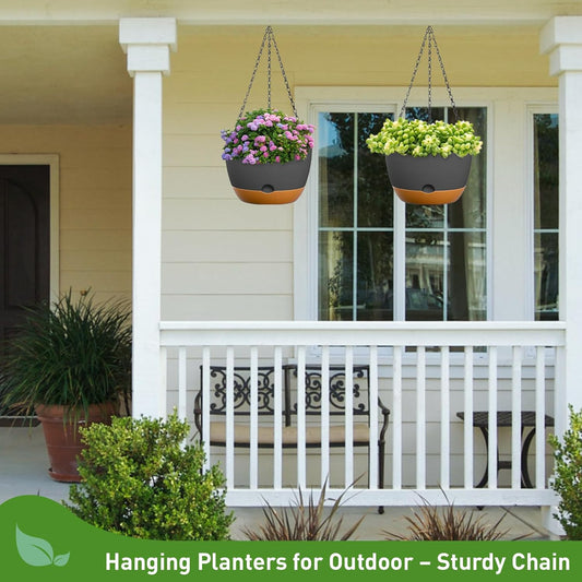 10 Inch Hanging Planters for Indoor & Outdoor Use (2 Pack) - Self-Watering & Drainage Flower Pots with Chain & Macrame Hangers (Deep Gray, 10 in)