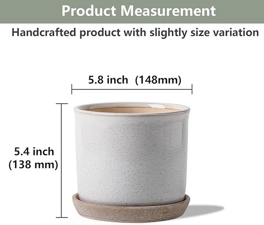 5.8 Inch Plant Pot: Ceramic Planter with Drainage Hole & Saucer - Cylinder Round Flowerpot for Indoor & Outdoor Plants - with Separate Tray for Home & Office - Retro Style, Grey