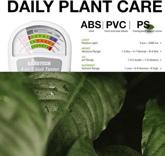 Gardtech Soil Moisture Meter - 4-in-1 Soil Test Kit Without Battery, Soil Moisture/Light/Nutrients/pH Meter for Plant, Garden, Lawn, Indoor & Outdoor(deep Green)