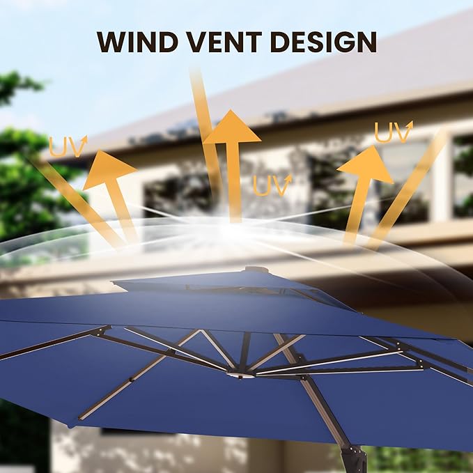 9' X 12' Cantilever Patio Umbrella Outdoor with Base Included Heavy Duty Double Top Windproof Rectangle Offset Umbrellas with 360-degree Rotation for Pool Deck Backyard, Navy