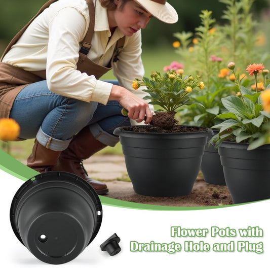 Plant Pots Indoor with Drainage, 3 Pack 11 Inch Plastic Pots for Plants(10 inch Inner Diameter), Durable Plastic Flower Pots, Planters for Indoor Ourdoor Plants, Black