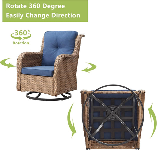 Outdoor Wicker Patio Furniture Set - 6 Piece Rattan Patio Conversation Set with 2 Rocking Swivel Chairs,2 Ottomans,1 Loveseat and 1 Side Table for Porch Deck Backyard Garden(Yellow/Blue)