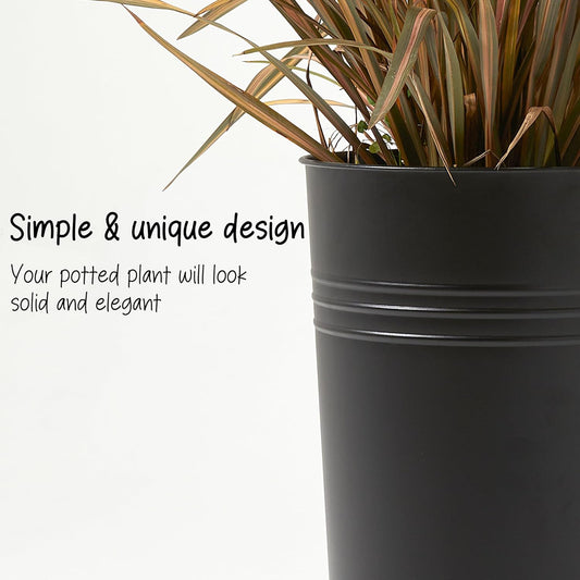 KOL 28'' Tall Galvanized Steel Planter Pot - Flower Pot with Water Level Indicator for Plants - 2-Pack Self Watering Planters - Round Black Powder Metal Planter Box - Indoor Outdoor Grande Plant