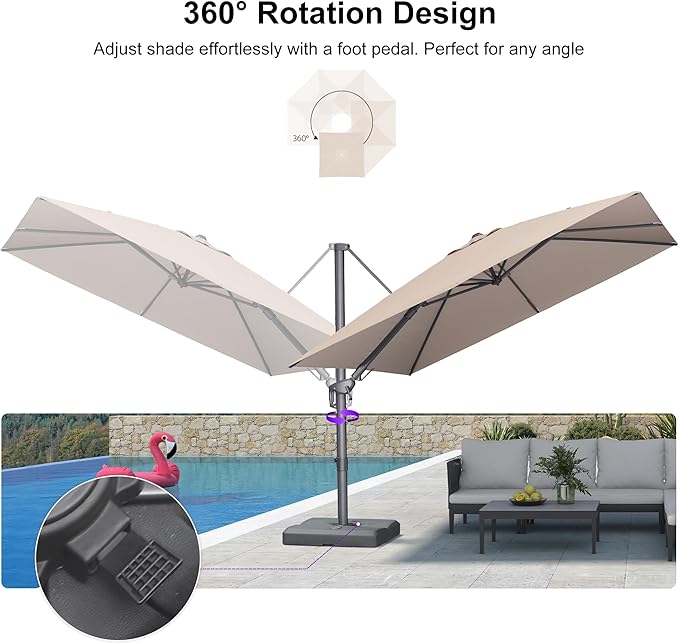 PURPLE LEAF 10' X 10' Left-right Tilting Outdoor Patio Umbrella Swivel Offset Cantilever Heavy Duty Rectangle Aluminum Umbrella with UV Resistant for Deck Pool Patio Backyard, Ash Mocha