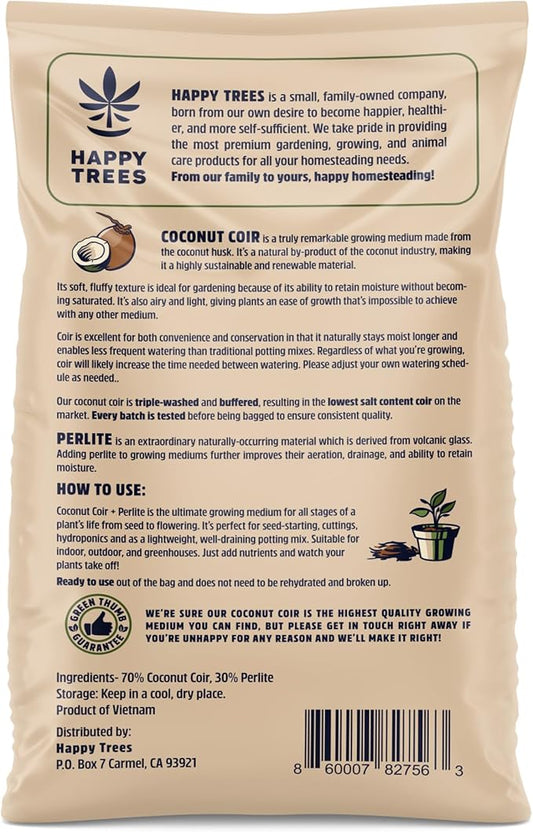 Happy Trees Coco Coir and Perlite 70/30 Growing Medium, Potting Mix, Seed-Starting, Premium Quality Triple-Washed for Low Salt/EC, pH Balanced Loose Coconut Fiber, Peat-Free, 50L (1.8 cu.ft.)