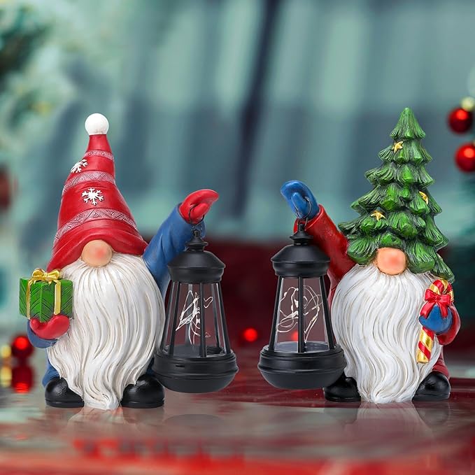 Solar Christmas Santa Hat Gnome Outdoor Statue with LED Lantern - Winter Xmas Holiday Porch Yard Home Decor Gardening Gift