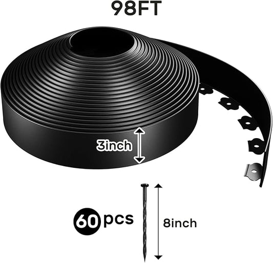 AGTEK 98FT Plastic Landscape Edging Kit 3inch Height No-Dig Garden Edging Border Lawn Edging Roll for Flower Bed Lawn Yard, Black, with 60 Anchoring Spikes