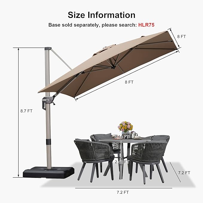 PURPLE LEAF 8' X 8' Patio Umbrella Outdoor Cantilever Umbrella, Aluminum Offset Umbrella with Champagne Frame and 360° Rotation for Pool Deck Garden, Taupe