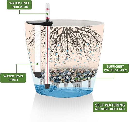 Dexceder 11x10 Self Watering Planters Indoor, Inner Mat Design, Table Flower Plant Pot with Water Level Indicator (2 Pack, White)