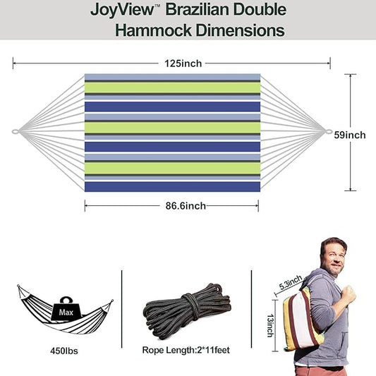 JoyView Brazilian Double Hammock with Hanging Ropes Extra Large 86.6x59” Portable Cotton Hammock for Patio Backyard Porch 450LBS Weight Capacity Perfect for Outdoor/Indoor - Blue & Green Stripes