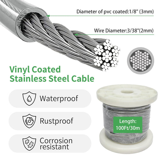 1/8" Wire Cable Rope Kit ,Vinyl Coated 304 Stainless Steel Wire – 100FT 7x7 Strand Cable with Turnbuckles,String Lights Hanging Kit for Outdoor, Garden,Patio, Crafts, Hanging Lights
