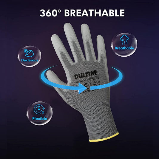 DULFINE Safety Work Gloves PU Coated-12 Pairs,Grey Seamless Knit Glove with Polyurethane Coated Smooth Grip on Palm & Fingers, for Men and Women, Ideal for General Duty Work (Extra Large)