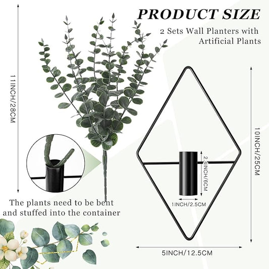 Jexine Hanging Planters with Artificial Eucalyptus Metal Hanging Vase Indoor Plants Holder Modern Geometric Boho Bathroom Wall Decor for Living Room Home Office (Black,4 Pcs)