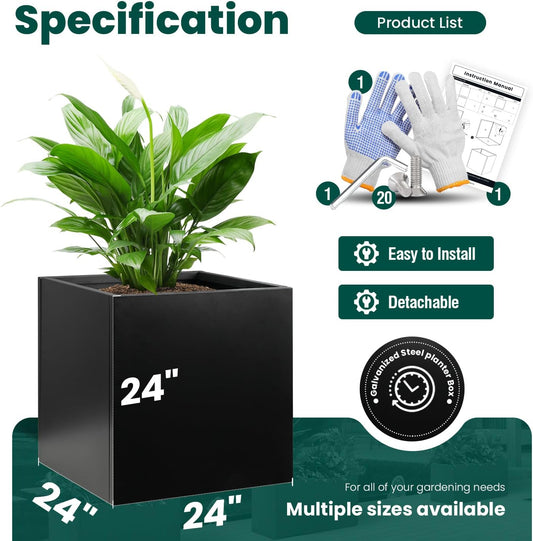 Galvanized Steel Planter Box Black Metal Planter Large Square Indoor Outdoor Planters Cube Steel Heavy Duty Flower Pot 24Inch Powder Coating Modern Commercial Residential for Patio, Deck, Yard, Garden