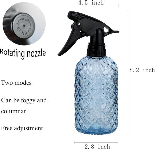 Glass Handheld Spray Bottle - 12oz Refillable Bottle ,Adjustable Nozzle Watering Can for Garden Plants Cleaning Solutions (Blue)