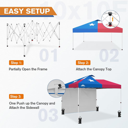 EAGLE PEAK Pop Up Canopy Tent with 1 Sidewall, Easy Setup Event Tent, Outdoor Sun Shade, Wheeled Carry Bag, Stakes and Guy Ropes, Instant Canopy 10x10, Tex Flag