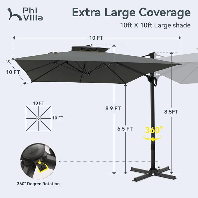 PHI VILLA 10ft Cantilever Patio Umbrella with Base, Outdoor Large Square Umbrellas with 360°Rotation, Heavy Duty Hydraulic Double Umbrella Windproof for Outside, Deck, Garden, Porch, Grey