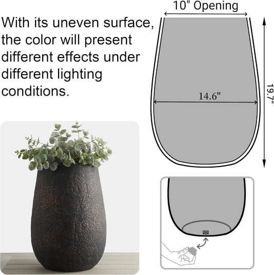 Weathered Concrete 19.7 Inch Tall Planter, Large Decorative Flower Pot with Drainage Hole, Round Plant Container for Home, Garden, Patio, Courtyard, A Dusting of Bronze Rust with Green Tone, 1 Pack