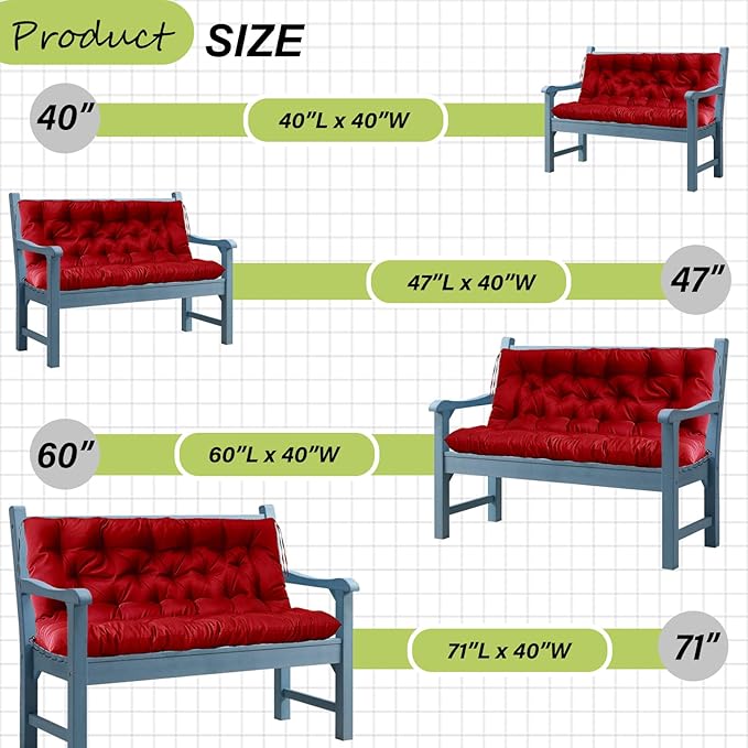Swing Replacement Cushions with Backrest, 2 or 3 Seater Waterproof Non-Slip Overstuffed Swing Pad, Indoor/Outdoor Bench Cushion for Porch Chair Swings Garden Furniture (Red, 40 * 71 in)