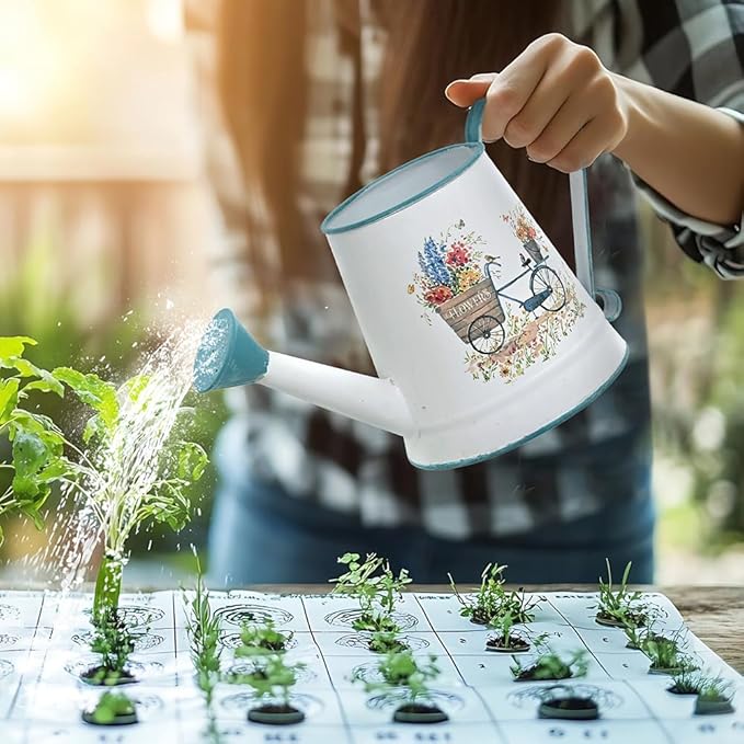 Small Watering Can for Indoor Plants Garden Metal Decorative Watering Can Outdoor Bonsai Balcony Courtyard Garden Flower Decorative, 1.5L, 50.7 Oz (White Blue)
