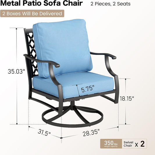 Metal Outdoor Swivel Patio Chairs Set of 2 with 5.75" Extra Thick Cushion, 2 Piece High Back Swivel Rocker Patio Chairs Outdoor Furniture Seating for Deck Balcony Front Porch, Blue