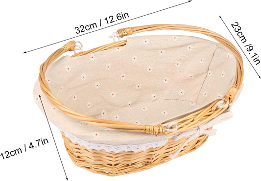 2 Pack Medium Size Wicker Basket with Handle, 12.6x9x4.7 inch Wicker Picnic Basket with Liner, Empty Gift Basket, Oval Willow Woven Basket for Fruit, Candy, Gathering, Wedding, Picnic, by,GNIEMCKIN