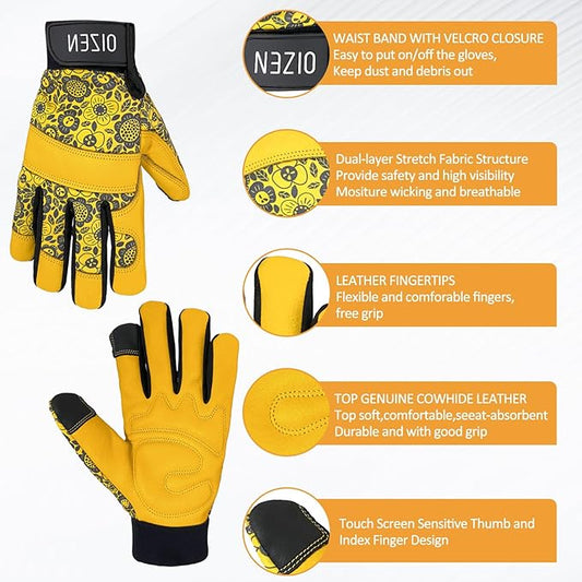 Cowhide Leather Thorn Proof & Puncture Resistant Gardening Gloves for Women and Men, Touchscreen Compatible Working Gloves for Weeding, Digging, Planting, Gardening Gifts for Women (Size Medium)
