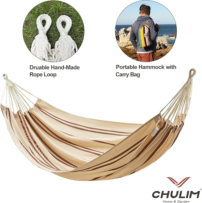 Brazilian Double Hammock with Tree Straps,Extra Large 94x63IN,2 Persons Hammock for Backyard Patio Outdoor and Indoor,450lbs Weight Capacity,Soft Woven Cotton Fabric - Beige Brown Stripe