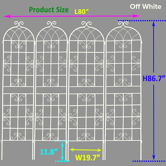 4 Pack Metal Garden Trellis for Climbing Plants Outdoor 86.7" H Cream White Garden Fence Rustproof Trellis Support Roses Flower Lawn, Off White