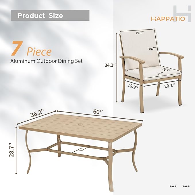 HAPPATIO 7 Piece Patio Dining Set, Aluminum Outdoor Dining Set for 6, Aluminum Dining Table and Chairs Set, Patio Furniture with Table, Chairs and Washable Cushions (Beige)