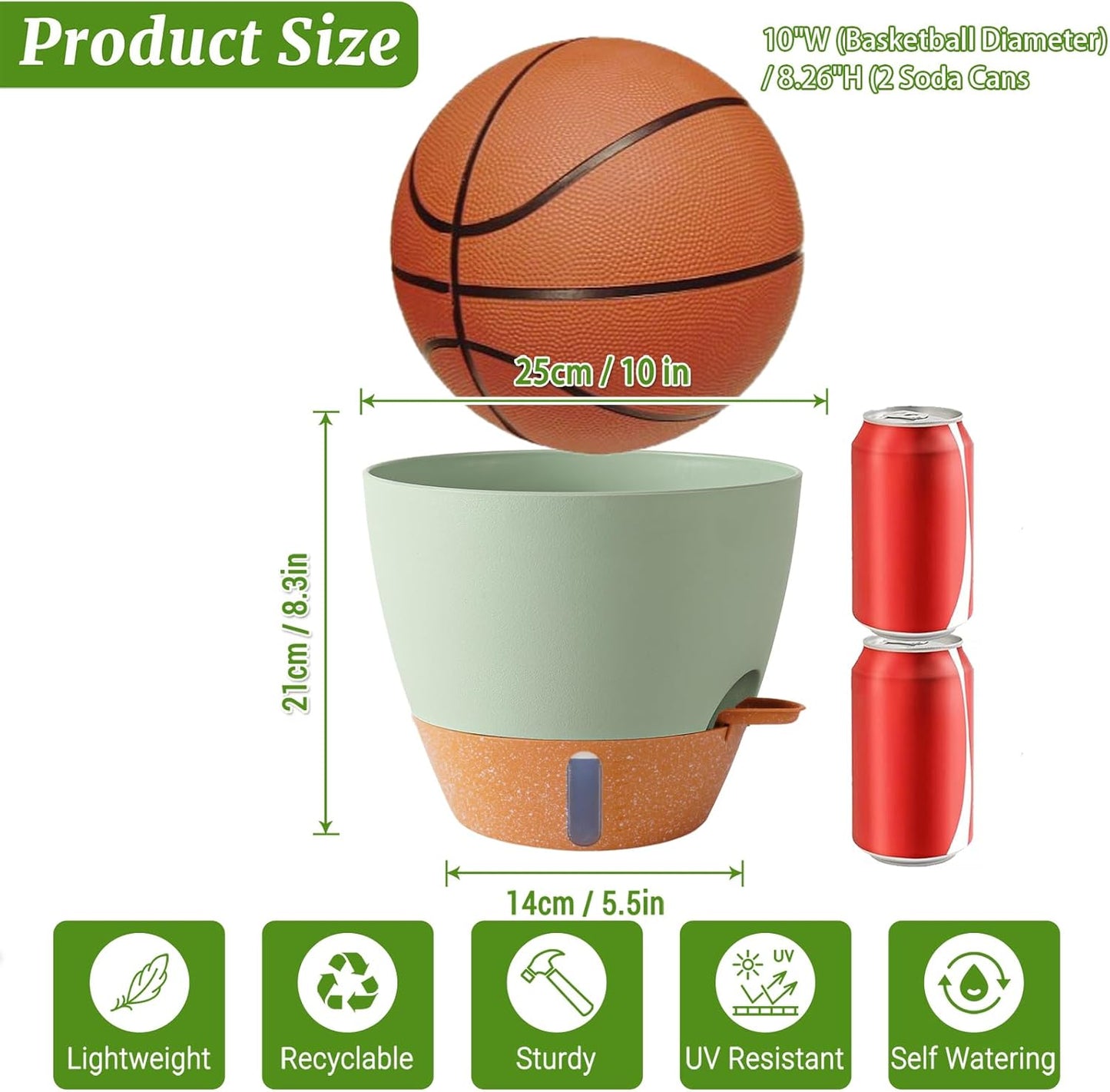 2 Pack 10 inch Plant Pots, Plastic Self Watering Planters with Drainage Holes, Deep Reservoir, Water Level Indicator, Modern Decorative Flower Pots for Indoor Outdoor Plants (Green, 10 inch)